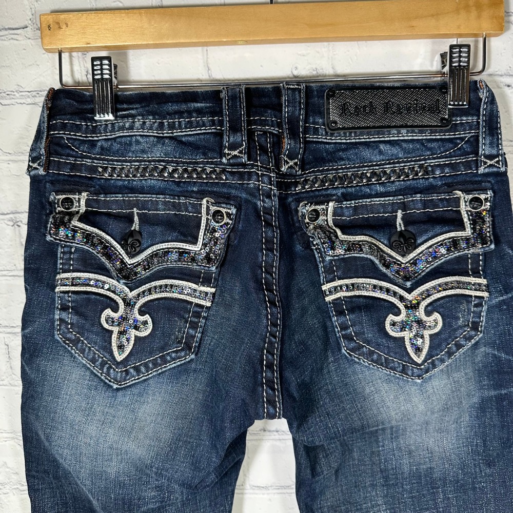 Rock Revival Jeans Womens 27 Essie Boot Dark Wash Sequin Fleur De Lis